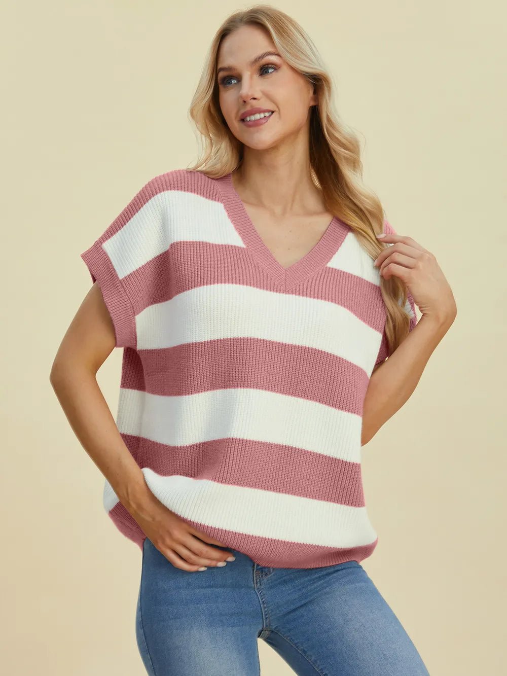 Double Take Full Size Striped V-Neck Short Sleeve Sweater - Lookzlike