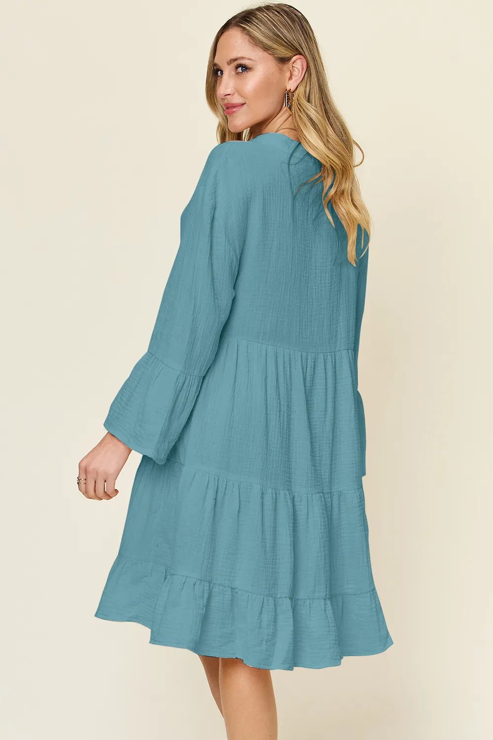 Double Take Full Size Texture Button Up Ruffle Hem Dress - Lookzlike