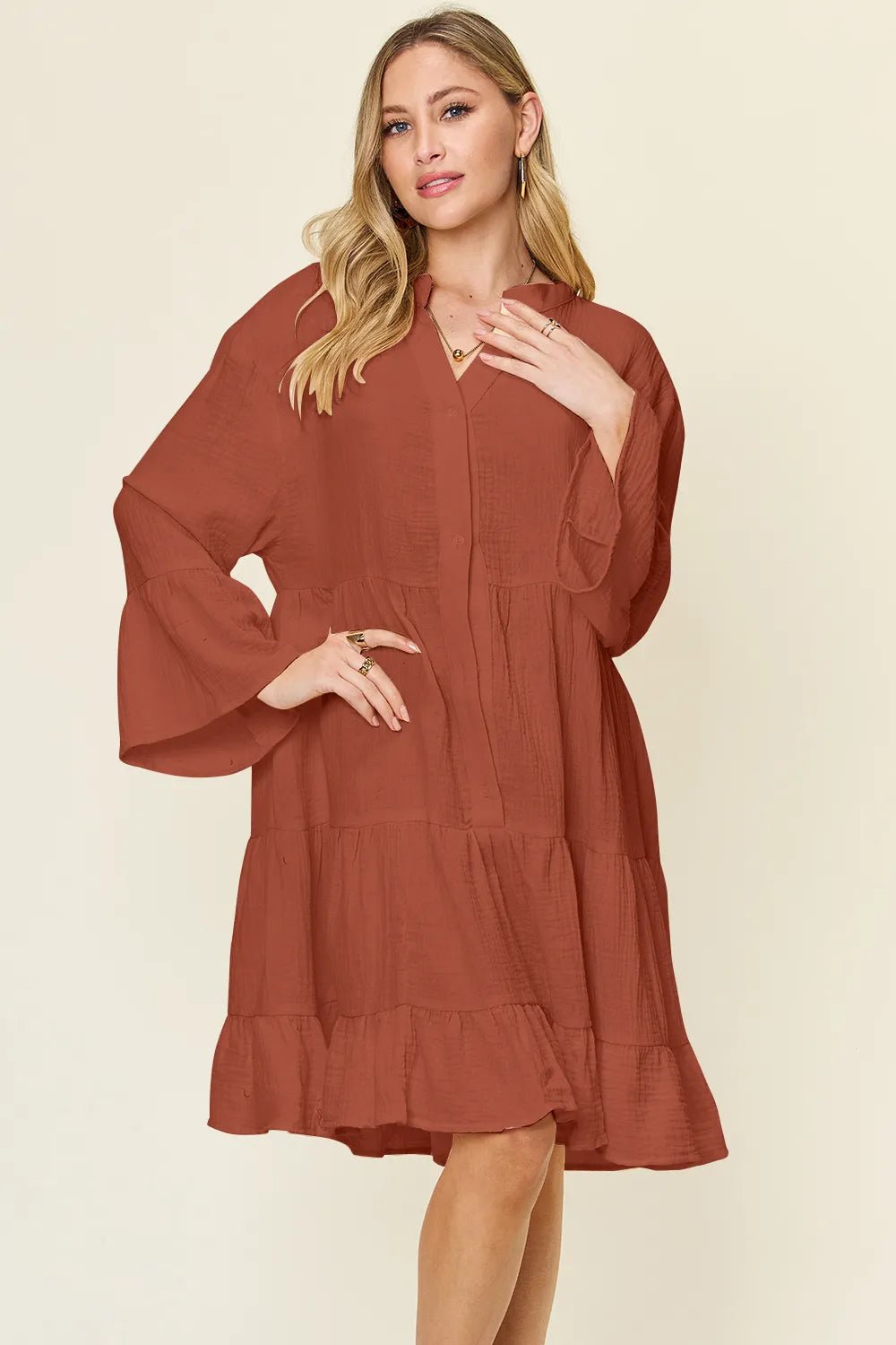 Double Take Full Size Texture Button Up Ruffle Hem Dress - Lookzlike