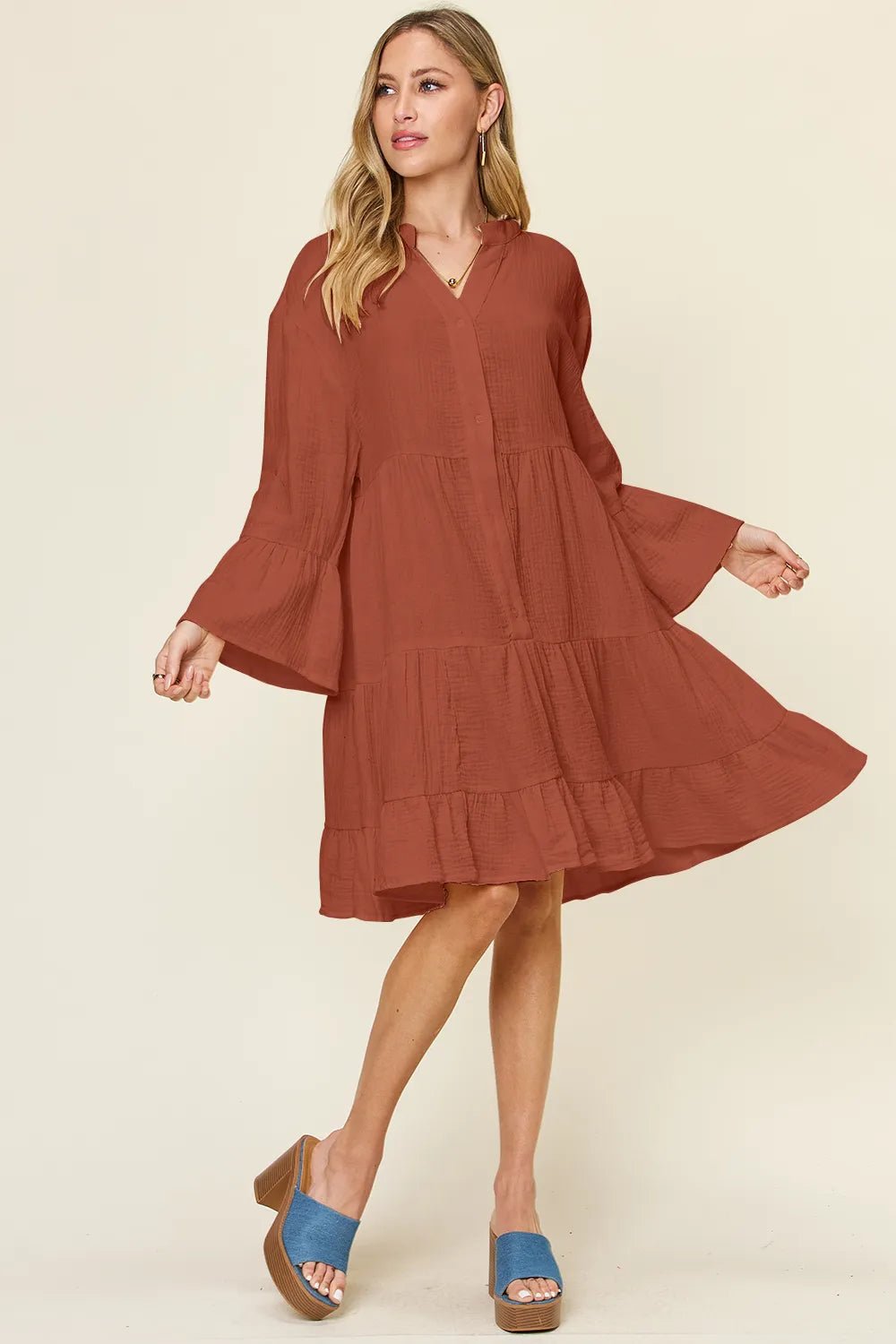 Double Take Full Size Texture Button Up Ruffle Hem Dress - Lookzlike