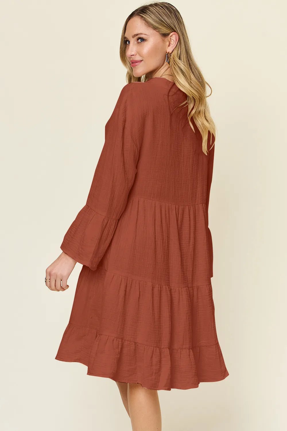 Double Take Full Size Texture Button Up Ruffle Hem Dress - Lookzlike