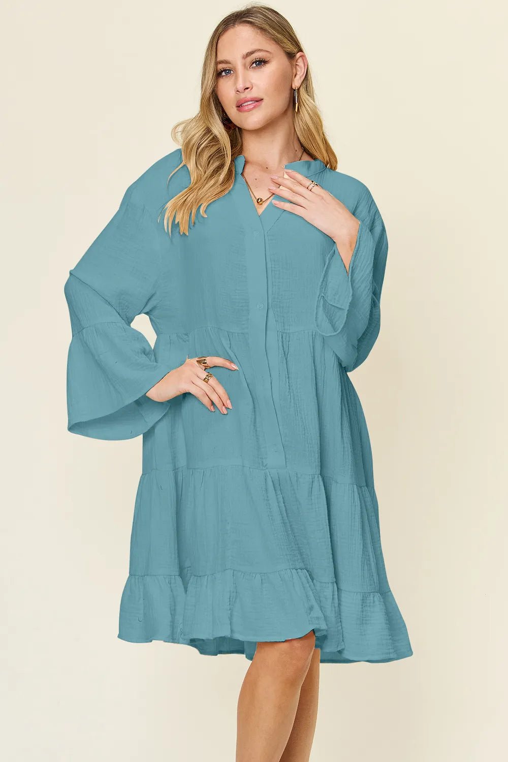 Double Take Full Size Texture Button Up Ruffle Hem Dress - Lookzlike