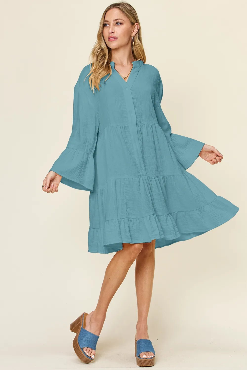 Double Take Full Size Texture Button Up Ruffle Hem Dress - Lookzlike