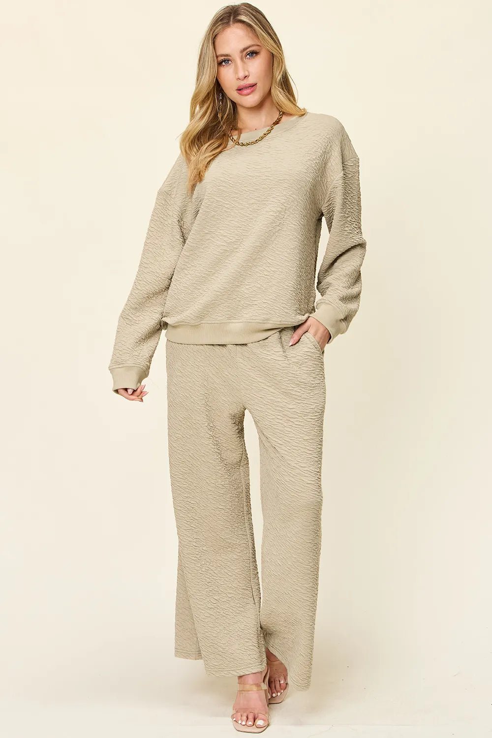 Double Take Full Size Texture Long Sleeve Top and Pants Set - Lookzlike