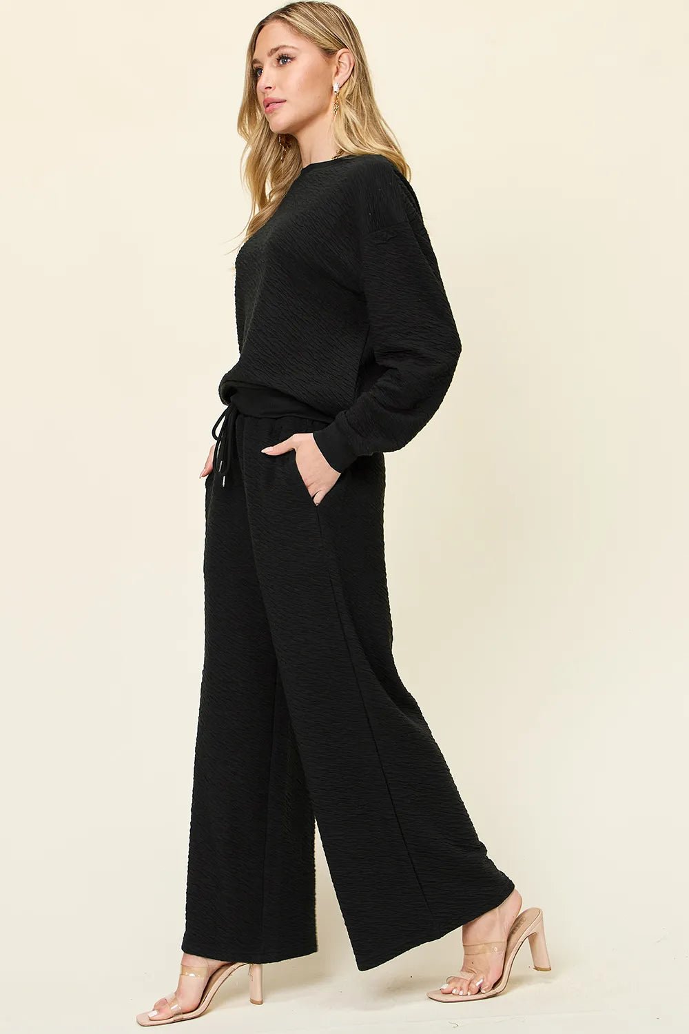 Double Take Full Size Texture Long Sleeve Top and Pants Set - Lookzlike