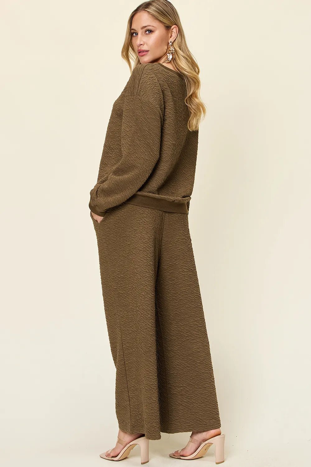 Double Take Full Size Texture Long Sleeve Top and Pants Set - Lookzlike