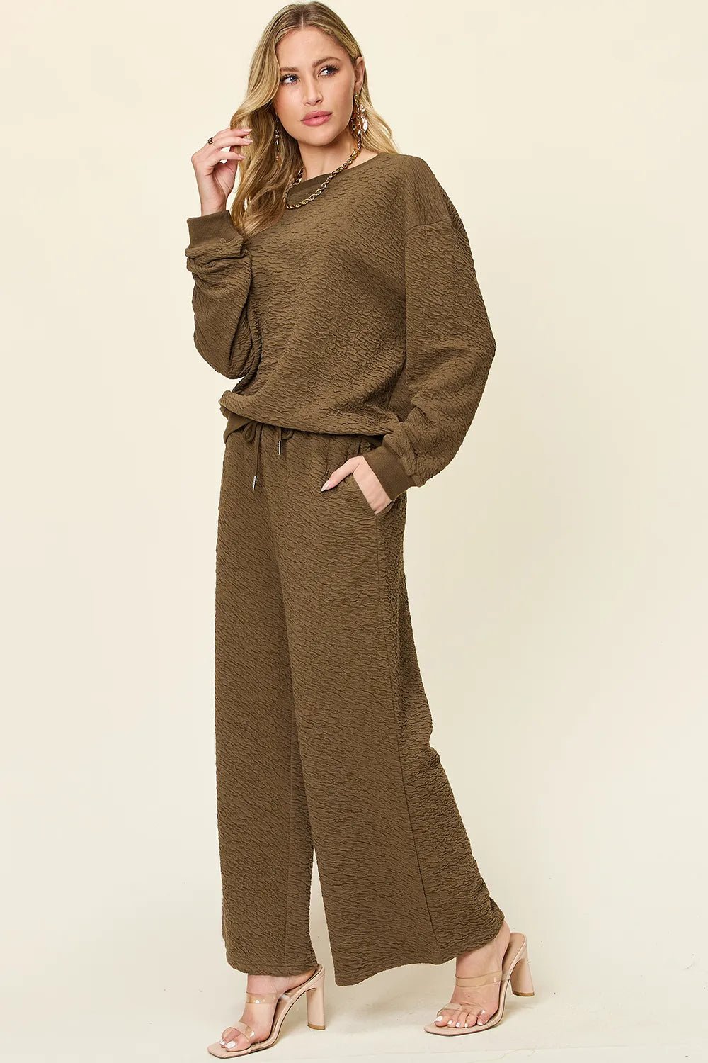 Double Take Full Size Texture Long Sleeve Top and Pants Set - Lookzlike