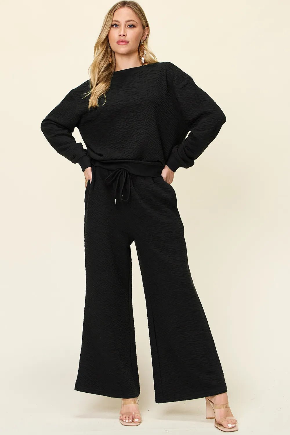 Double Take Full Size Texture Long Sleeve Top and Pants Set - Lookzlike