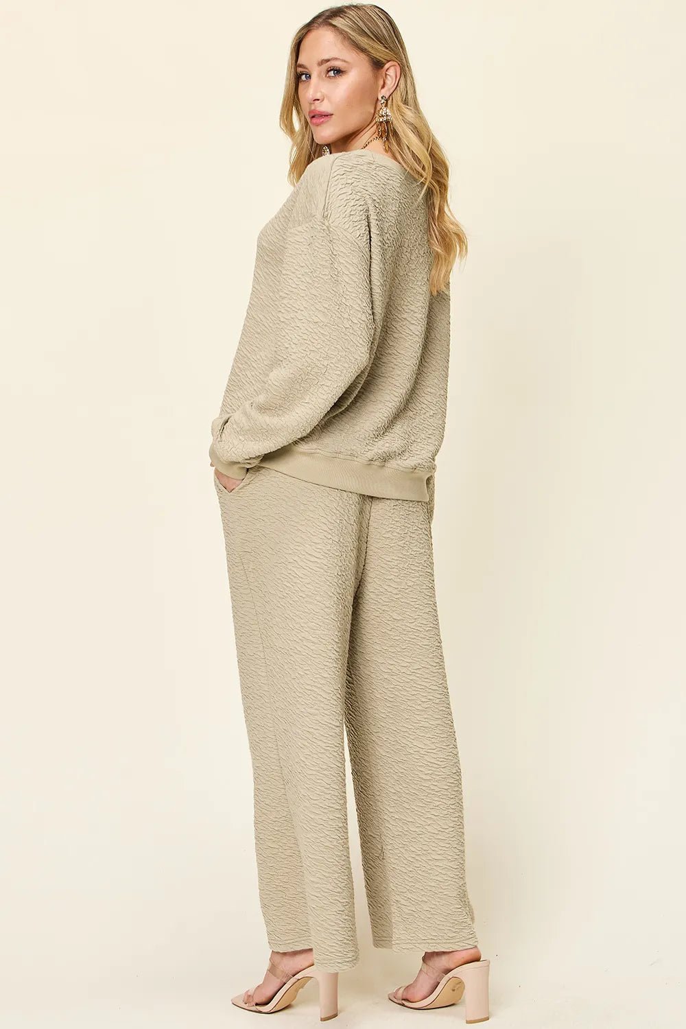 Double Take Full Size Texture Long Sleeve Top and Pants Set - Lookzlike