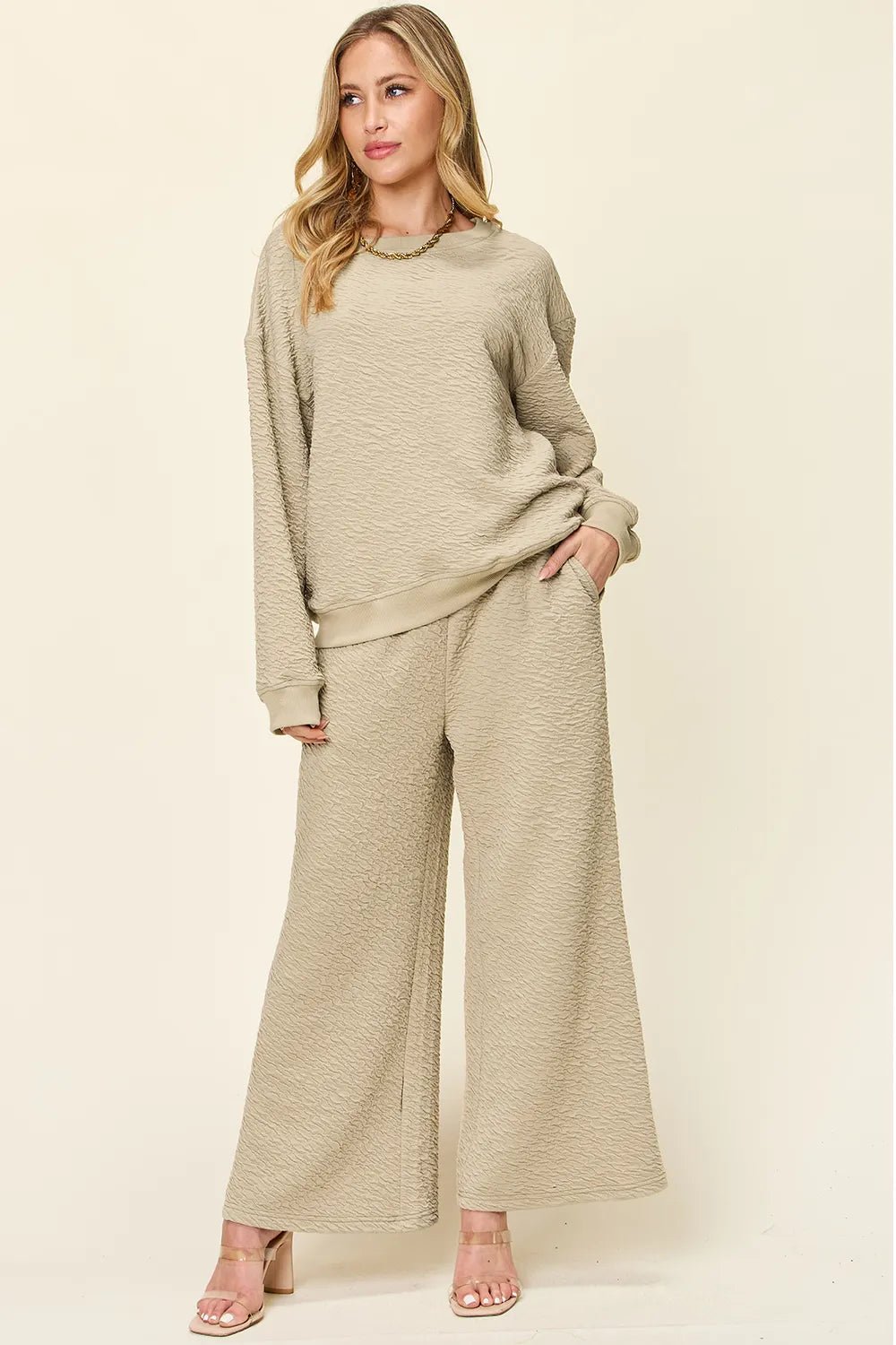 Double Take Full Size Texture Long Sleeve Top and Pants Set - Lookzlike