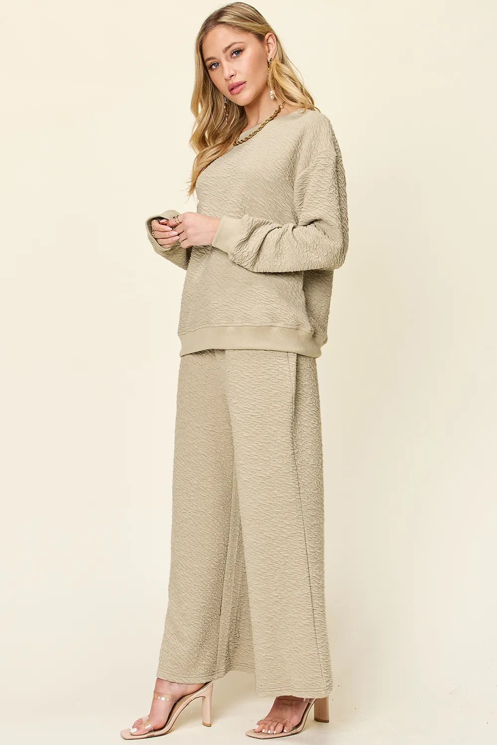 Double Take Full Size Texture Long Sleeve Top and Pants Set - Lookzlike