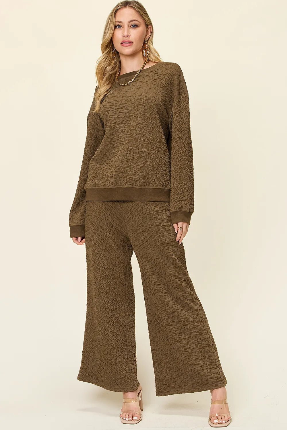 Double Take Full Size Texture Long Sleeve Top and Pants Set - Lookzlike