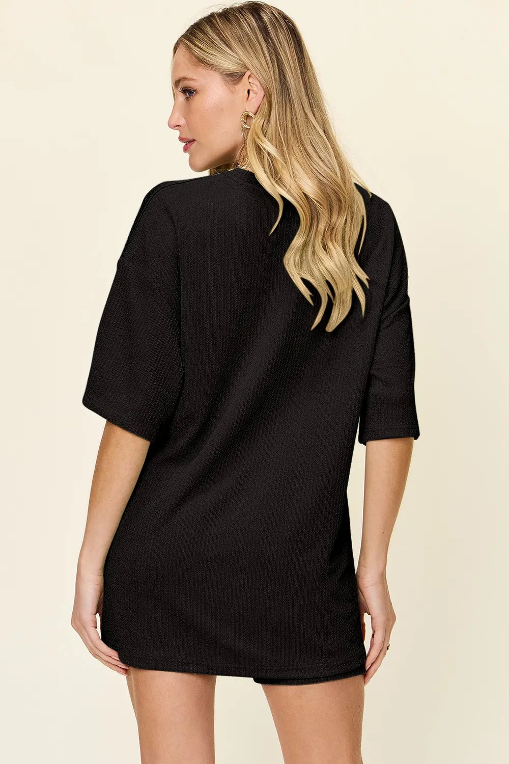 Double Take Full Size Texture Round Neck Drop Shoulder T-Shirt and Shorts Set - Lookzlike