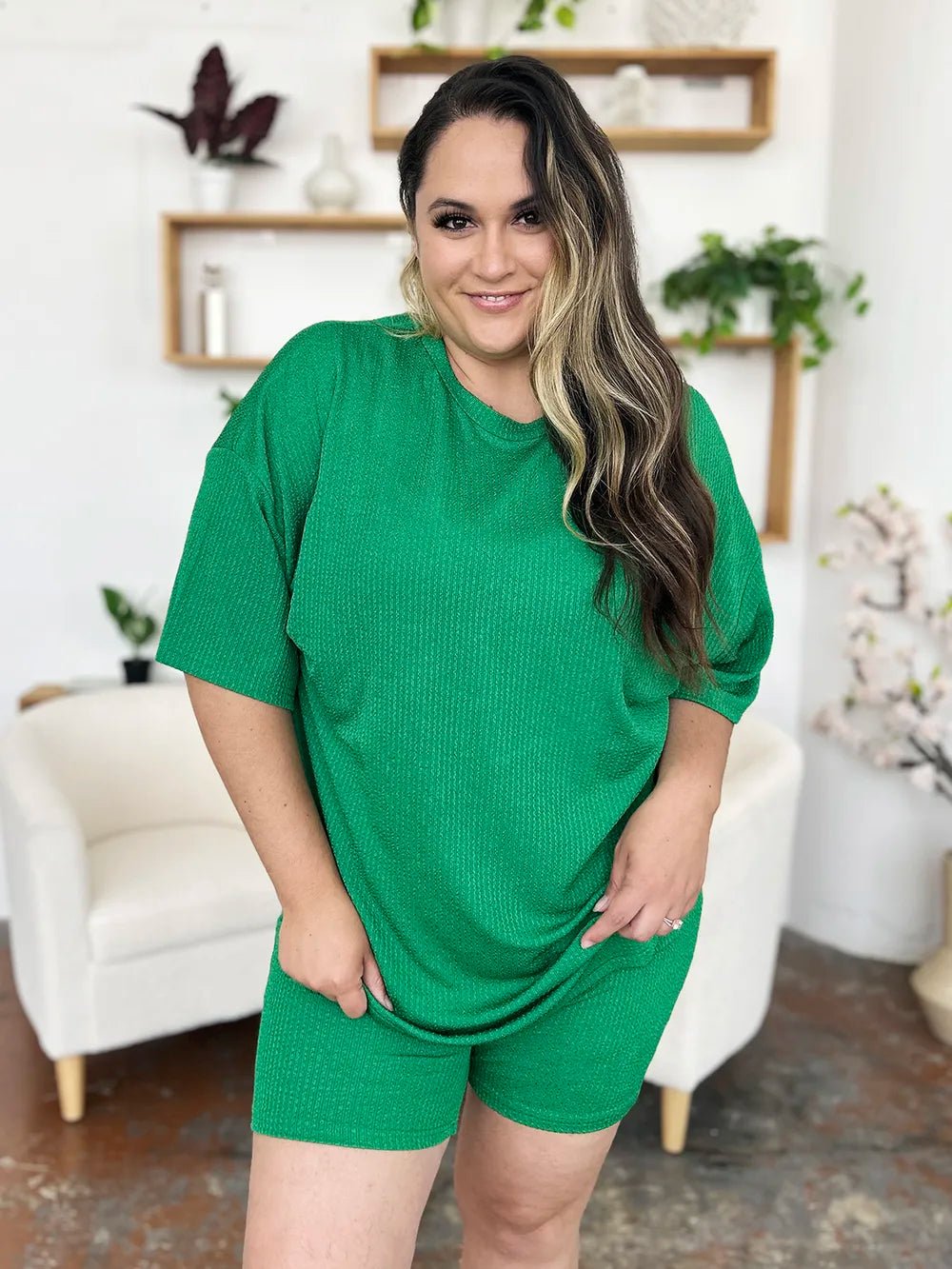 Double Take Full Size Texture Round Neck Drop Shoulder T-Shirt and Shorts Set - Lookzlike