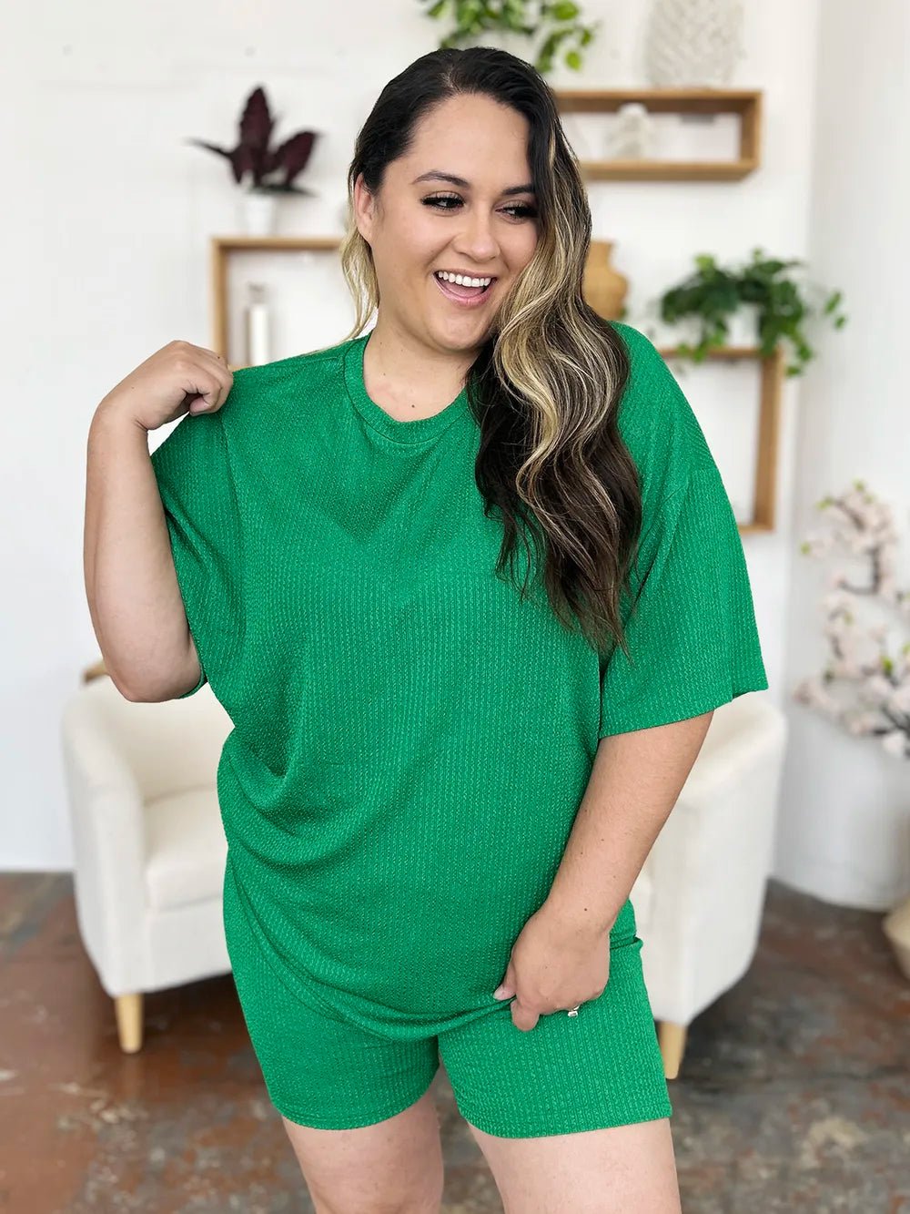 Double Take Full Size Texture Round Neck Drop Shoulder T-Shirt and Shorts Set - Lookzlike