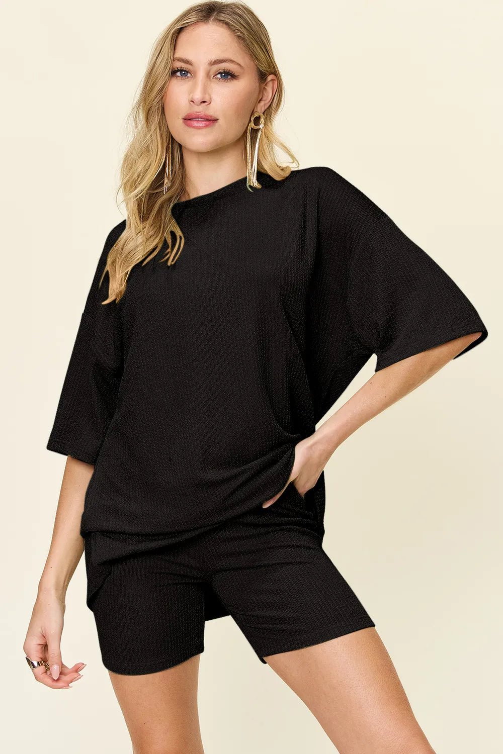 Double Take Full Size Texture Round Neck Drop Shoulder T-Shirt and Shorts Set - Lookzlike