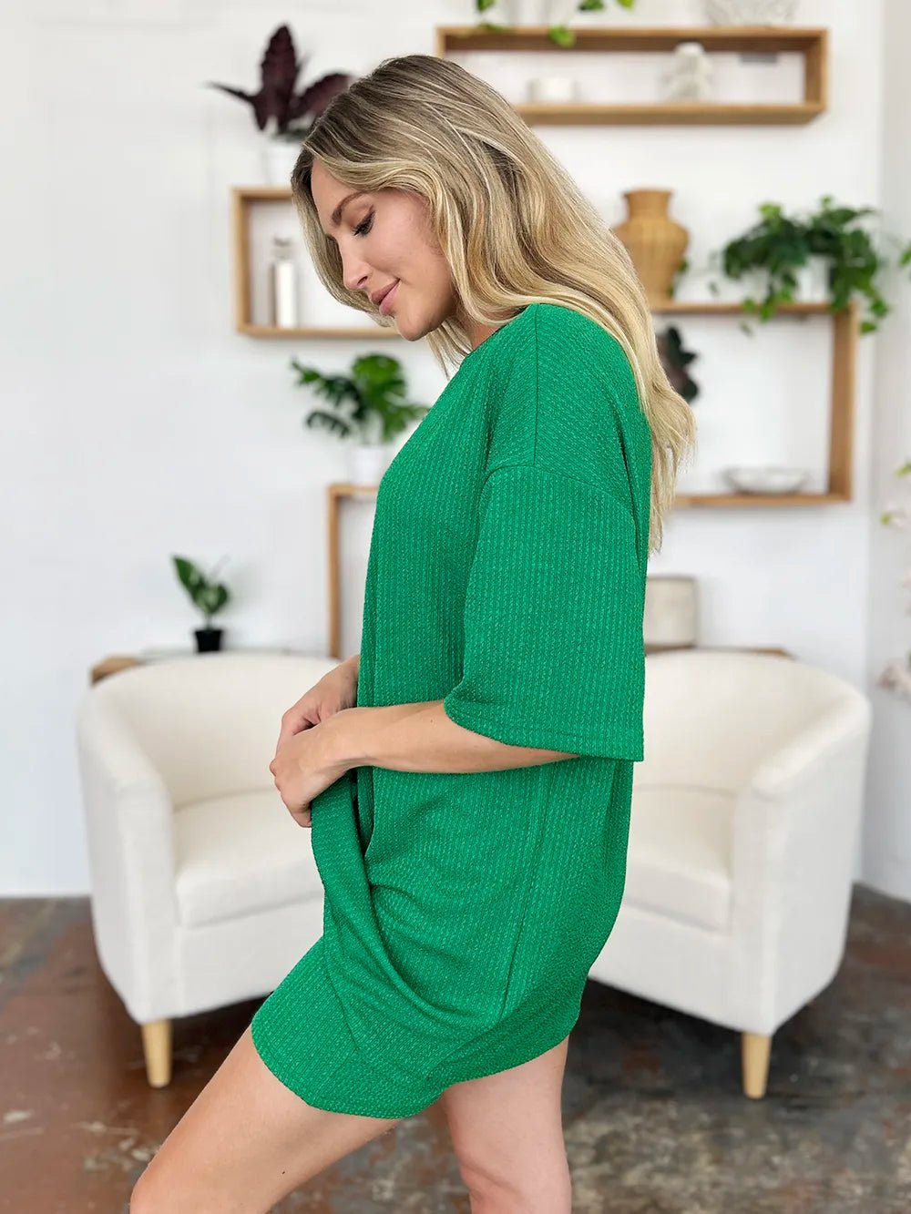 Double Take Full Size Texture Round Neck Drop Shoulder T-Shirt and Shorts Set - Lookzlike