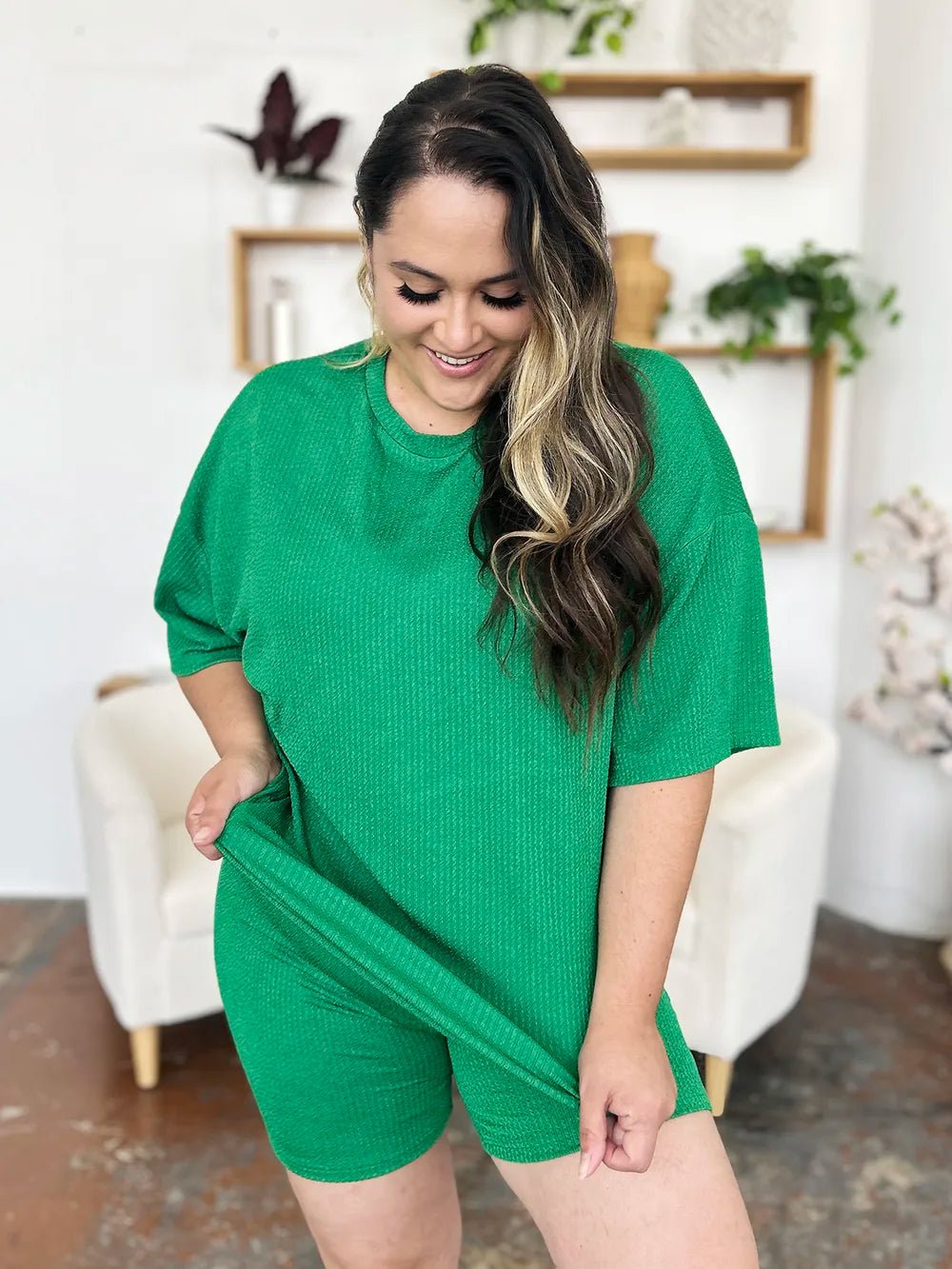 Double Take Full Size Texture Round Neck Drop Shoulder T-Shirt and Shorts Set - Lookzlike