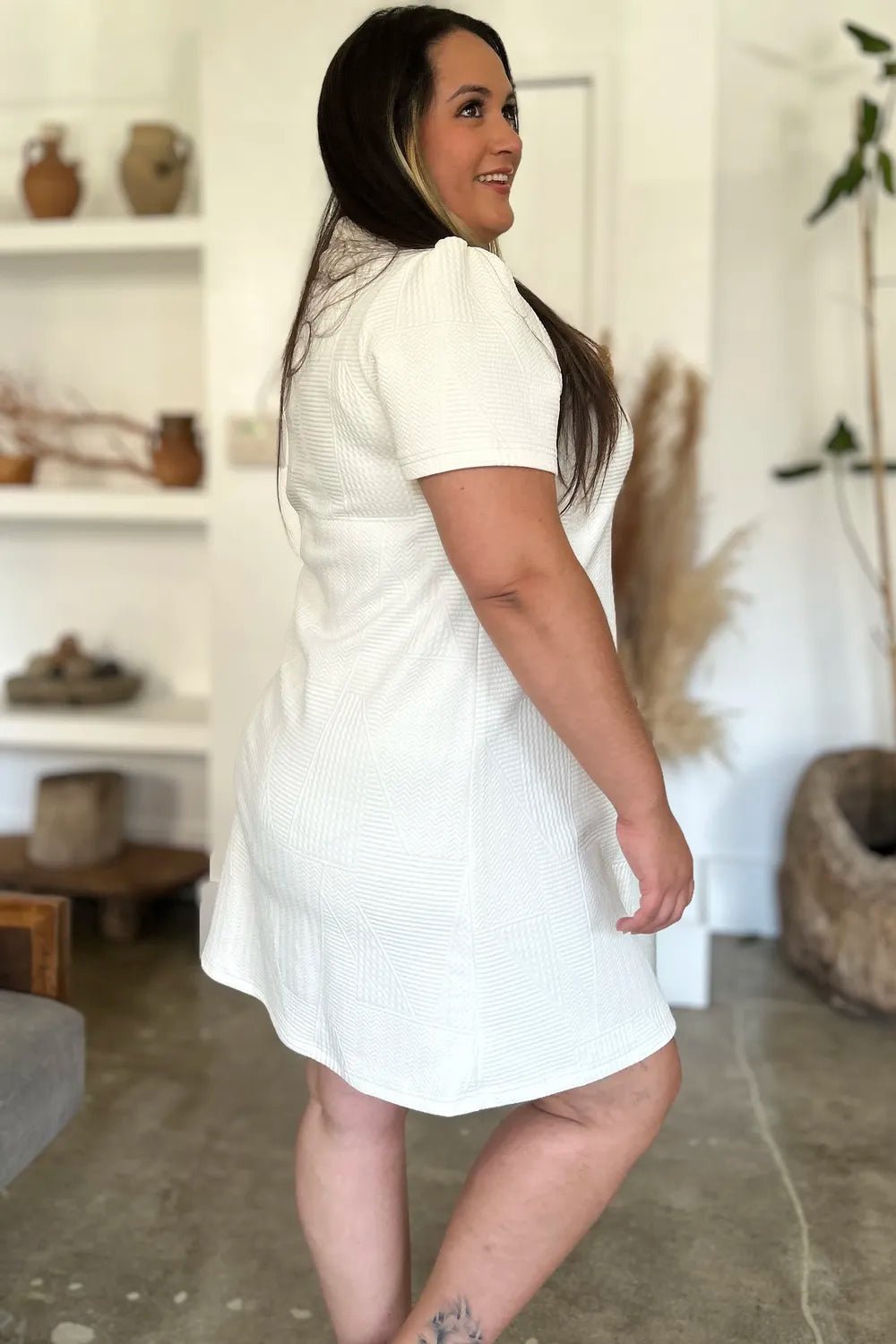 Double Take Full Size Texture Short Sleeve Dress - Lookzlike