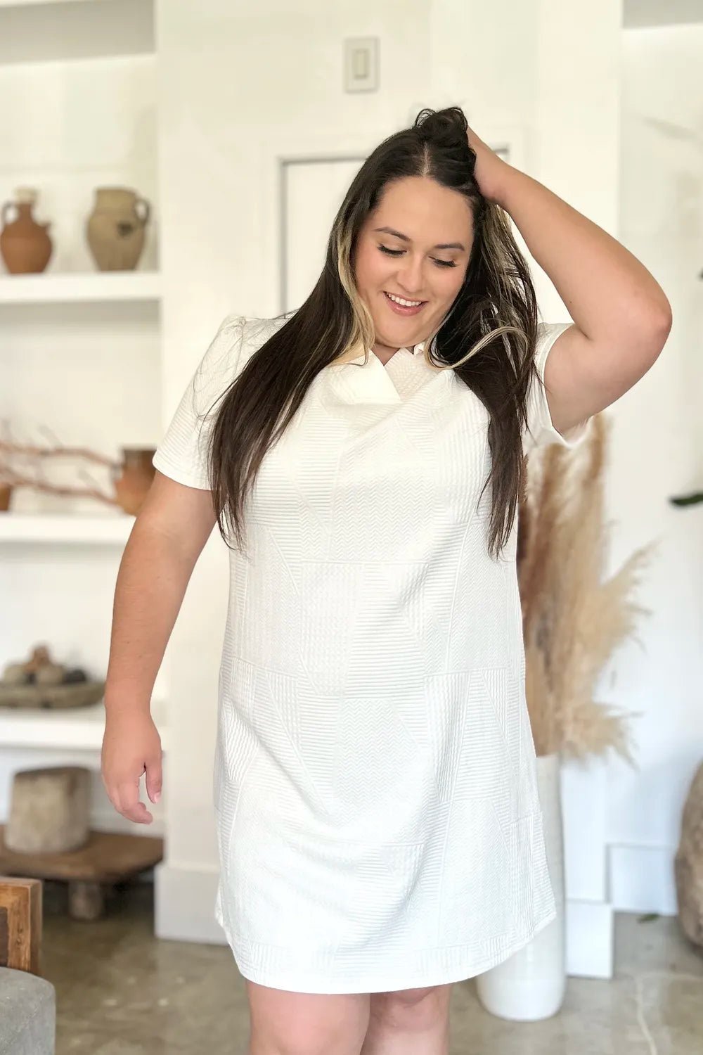 Double Take Full Size Texture Short Sleeve Dress - Lookzlike