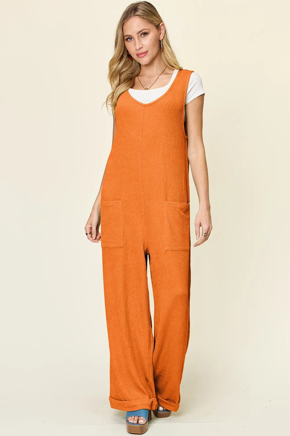 Double Take Full Size Texture Sleeveless Wide Leg Jumpsuit - Lookzlike