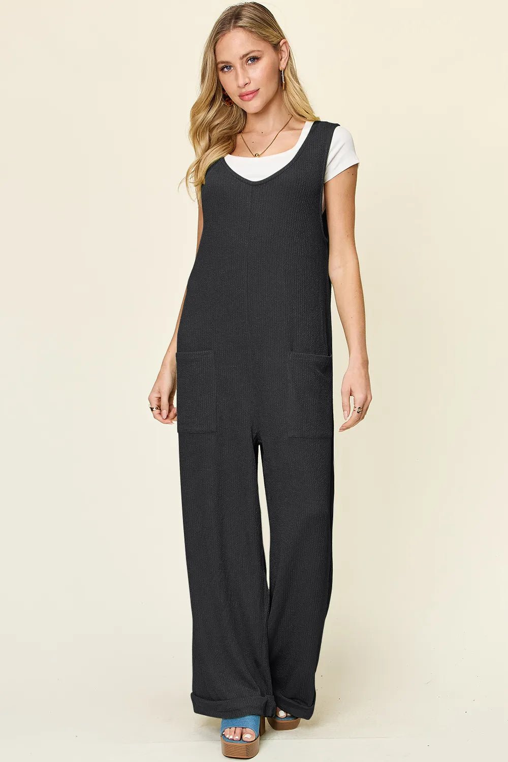Double Take Full Size Texture Sleeveless Wide Leg Jumpsuit - Lookzlike