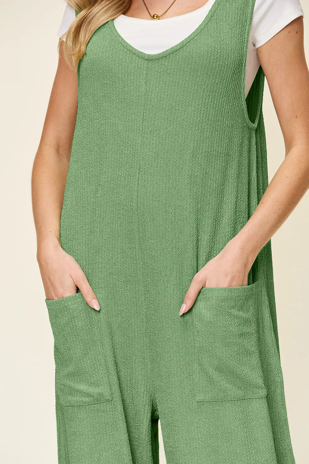 Double Take Full Size Texture Sleeveless Wide Leg Jumpsuit - Lookzlike