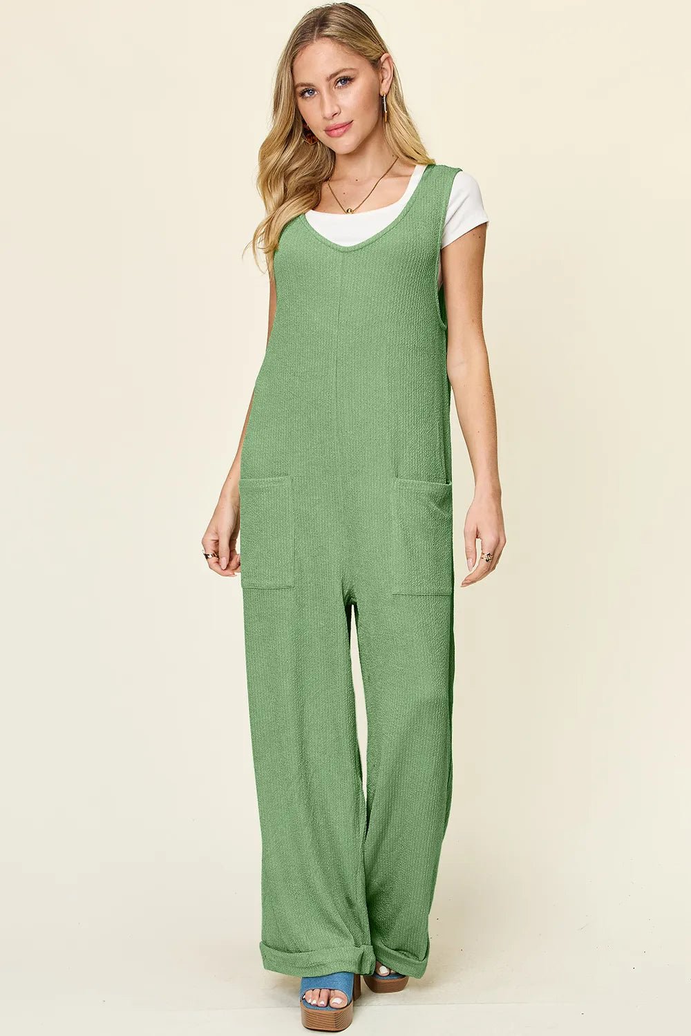 Double Take Full Size Texture Sleeveless Wide Leg Jumpsuit - Lookzlike
