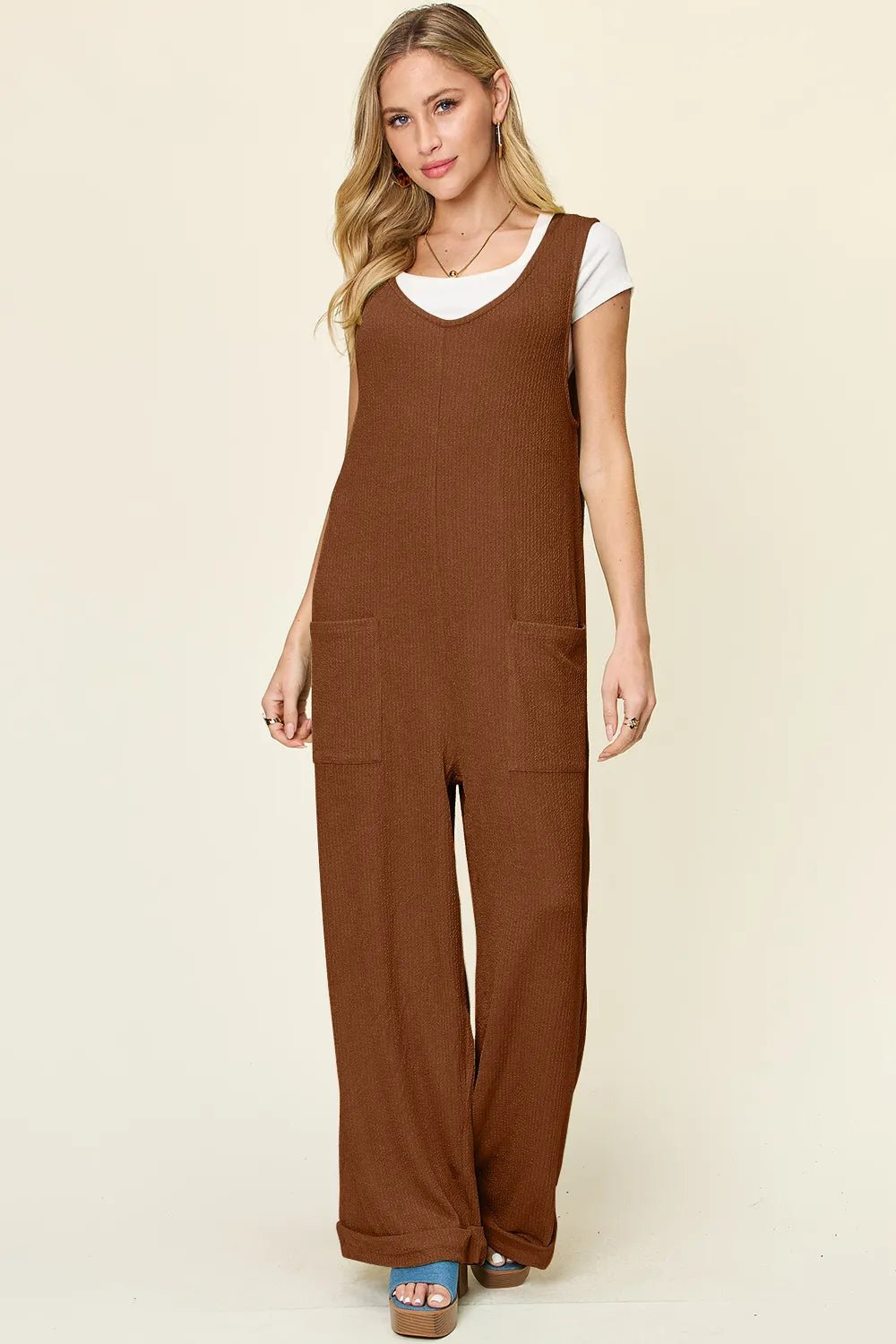 Double Take Full Size Texture Sleeveless Wide Leg Jumpsuit - Lookzlike