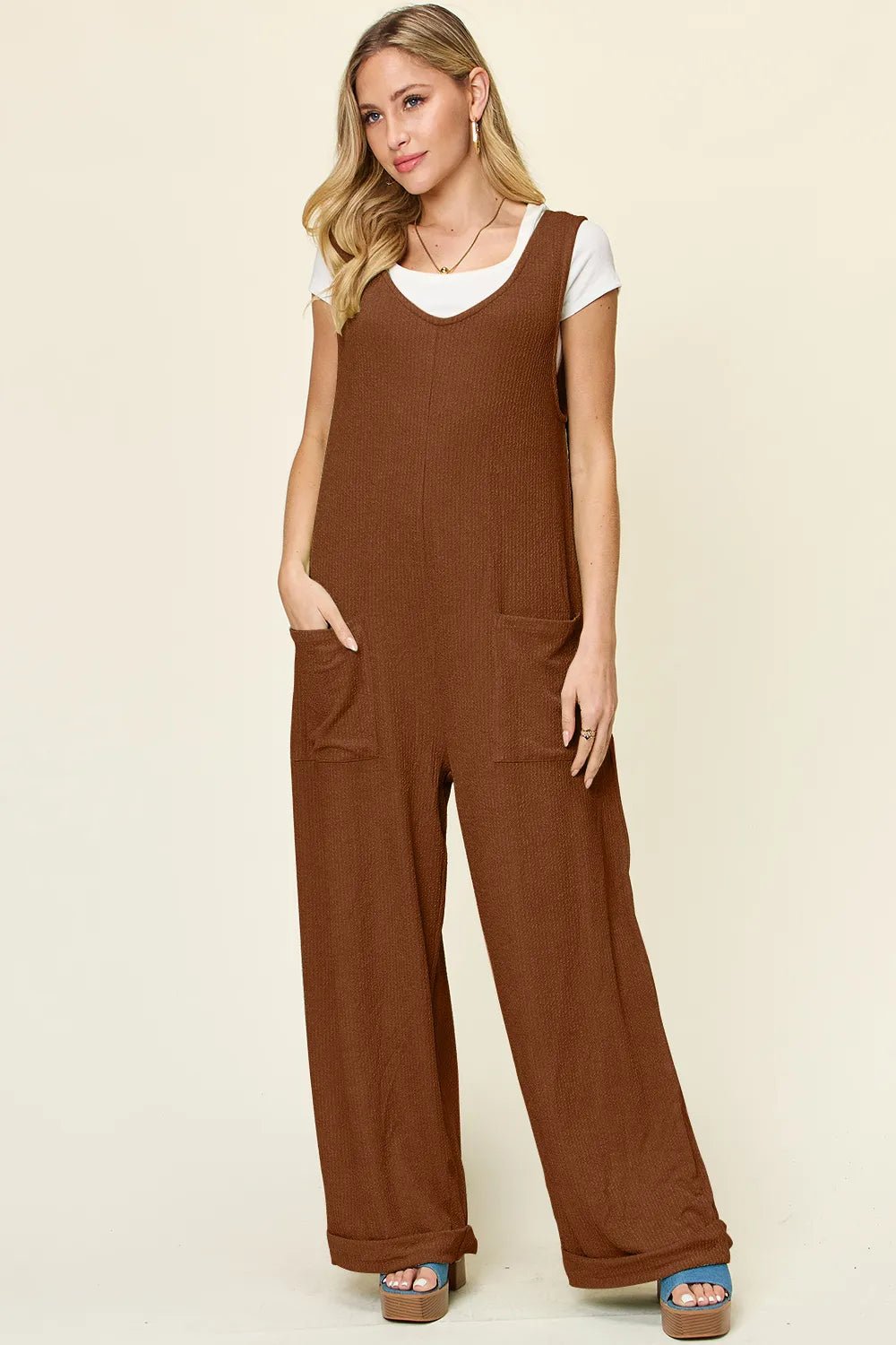 Double Take Full Size Texture Sleeveless Wide Leg Jumpsuit - Lookzlike