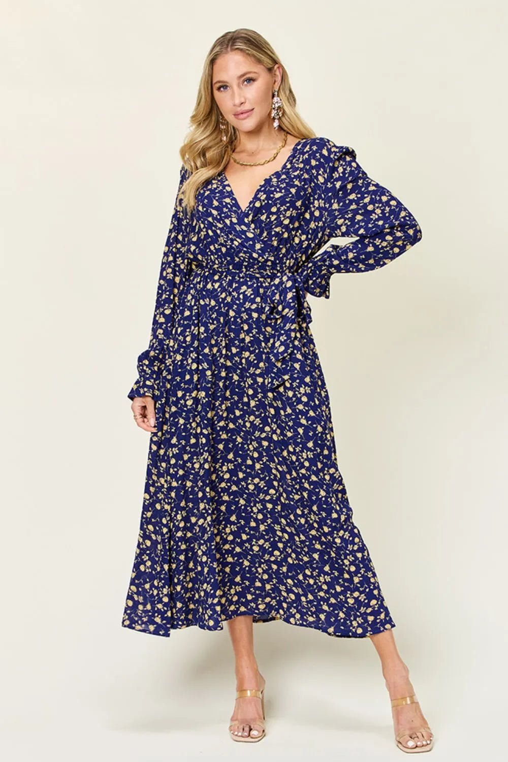 Double Take Full Size Tie Back Flounce Sleeve Dress - Lookzlike