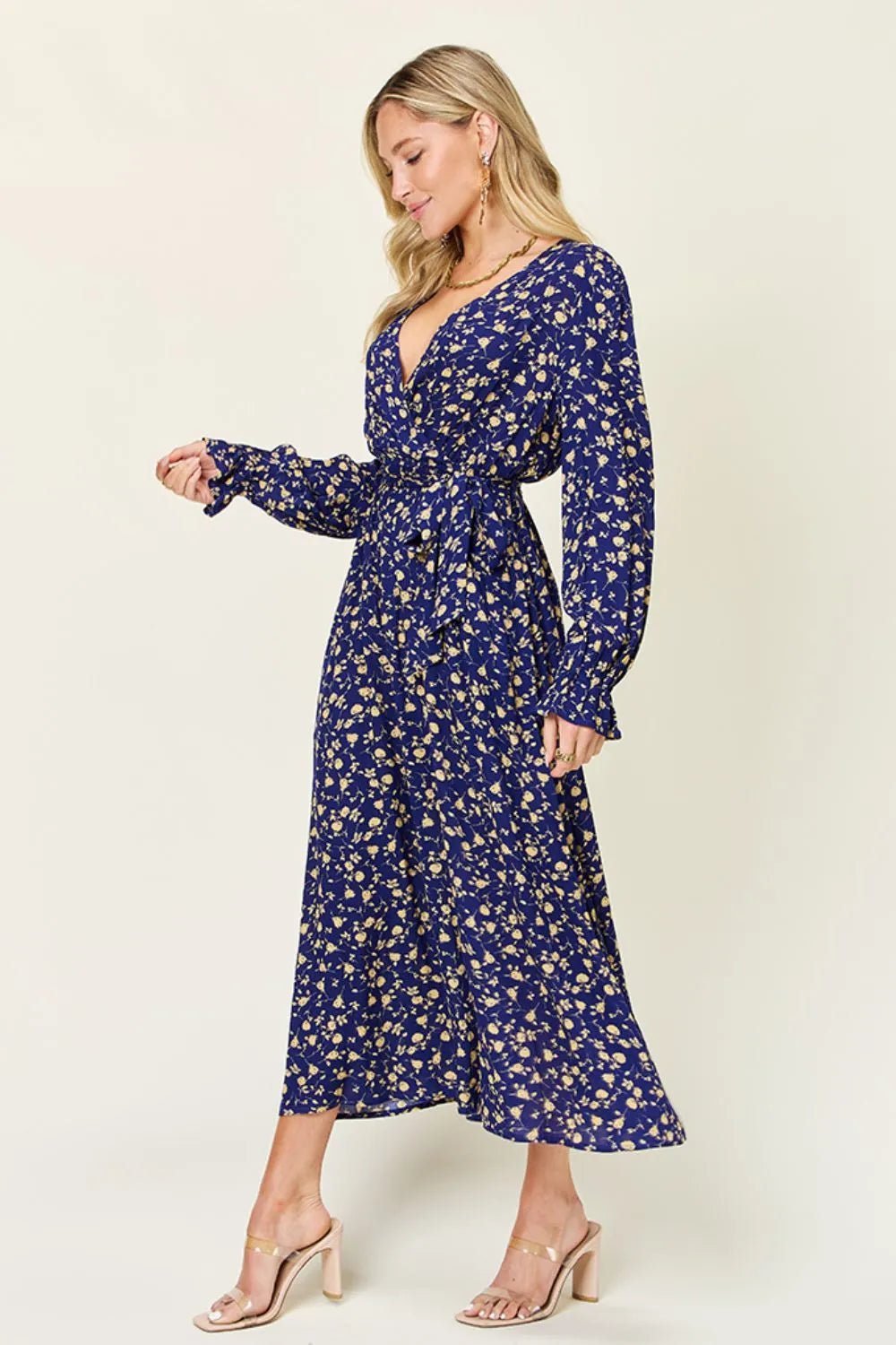 Double Take Full Size Tie Back Flounce Sleeve Dress - Lookzlike