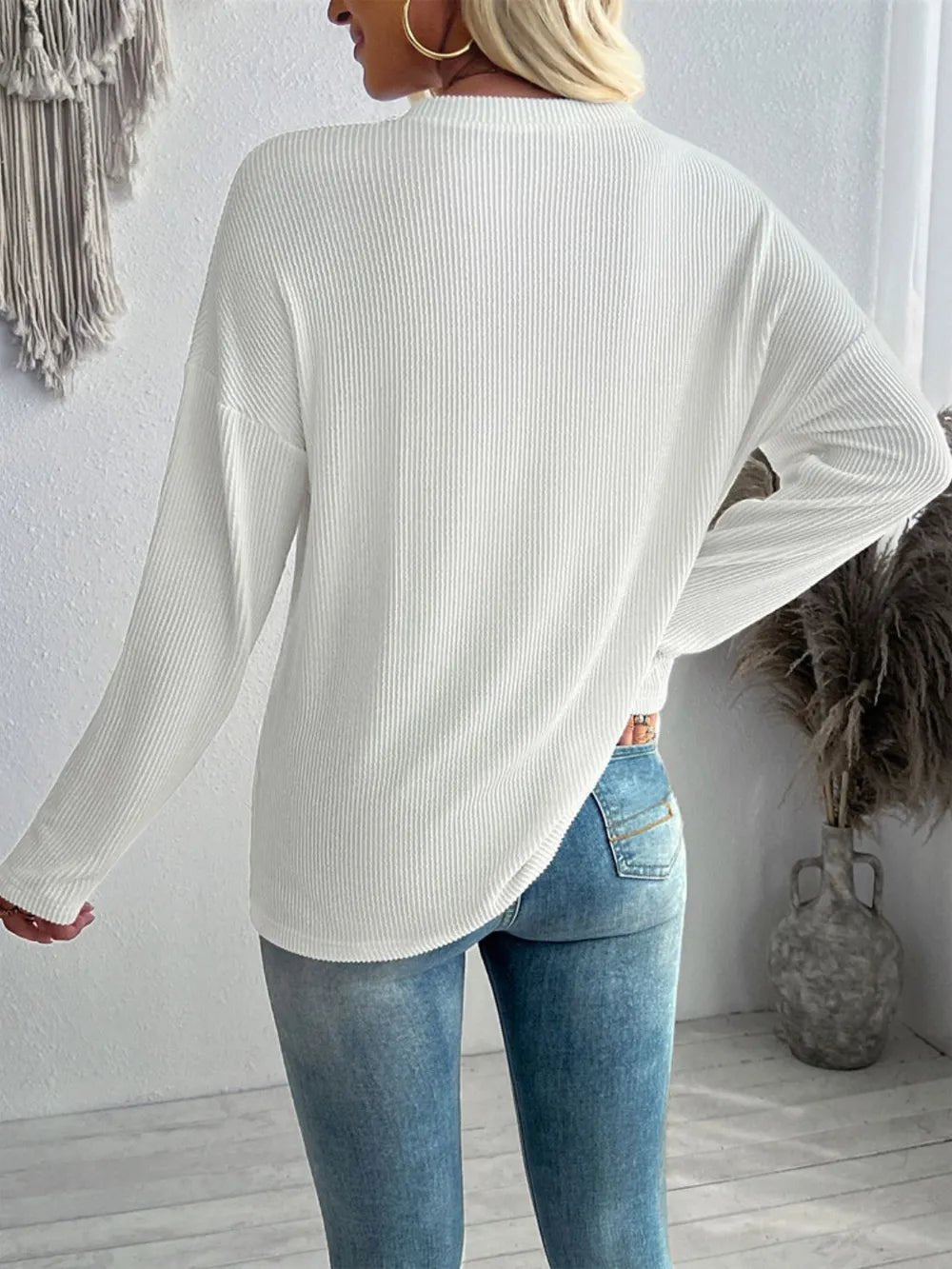 Double Take Pocketed Textured V - Neck Long Sleeve T-Shirt designed for comfort and style at Lookzlike