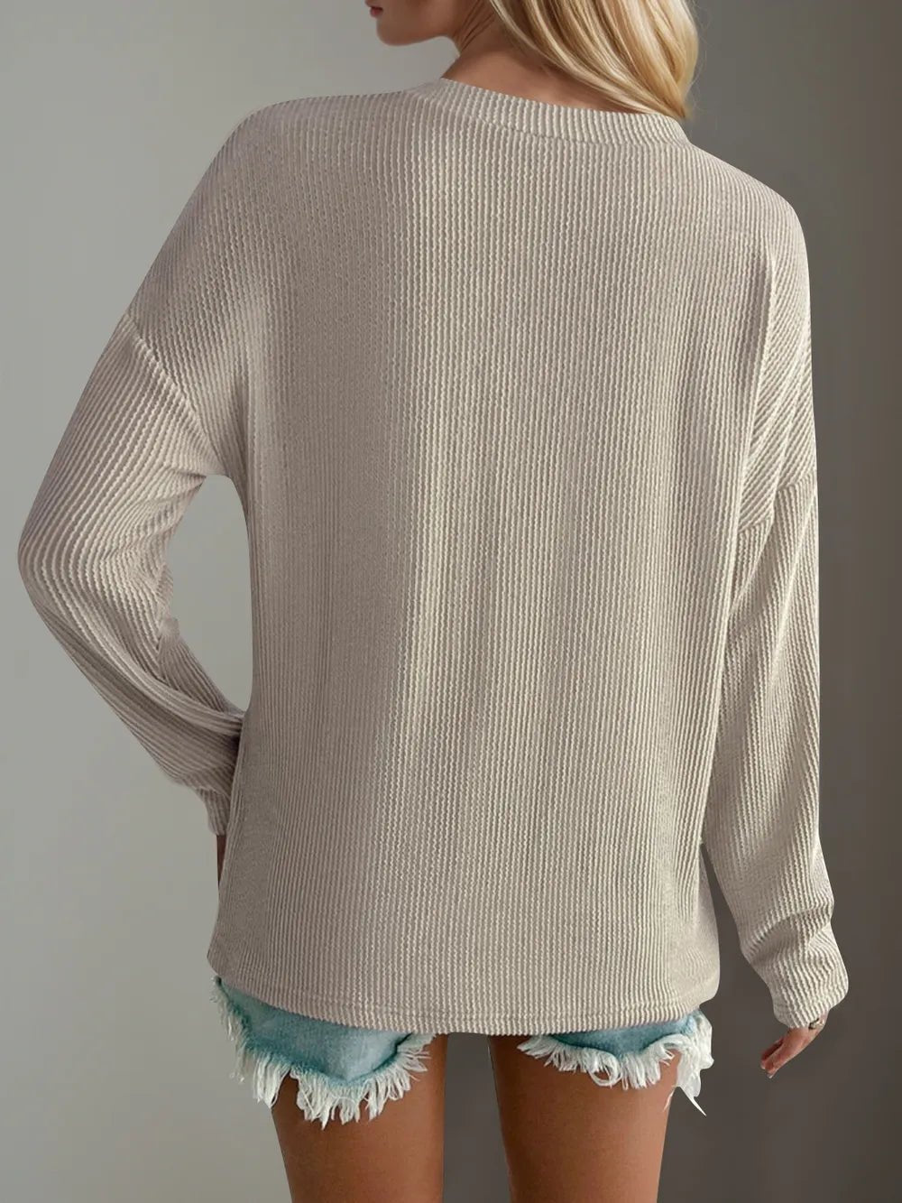 Double Take Pocketed Textured V - Neck Long Sleeve T-Shirt designed for comfort and style at Lookzlike