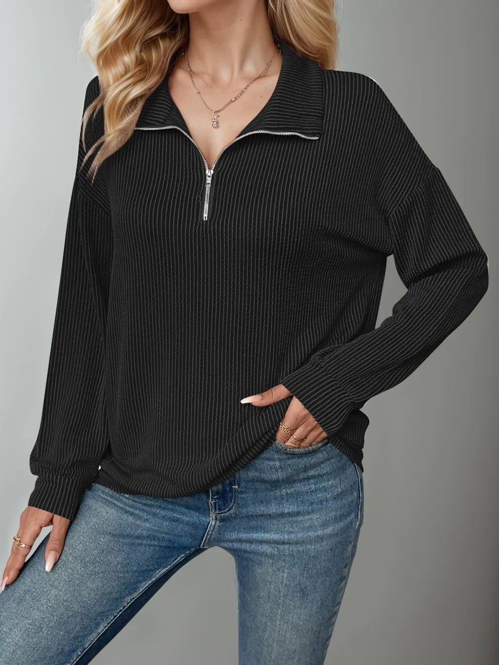 Double Take Striped Half Zip Long Sleeve T-Shirt - Lookzlike