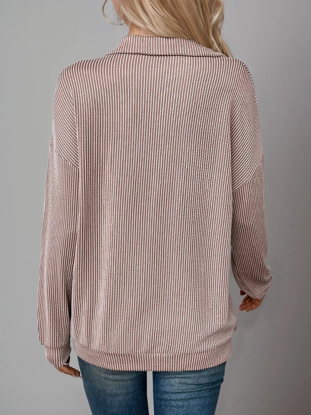 Double Take Striped Half Zip Long Sleeve T-Shirt - Lookzlike