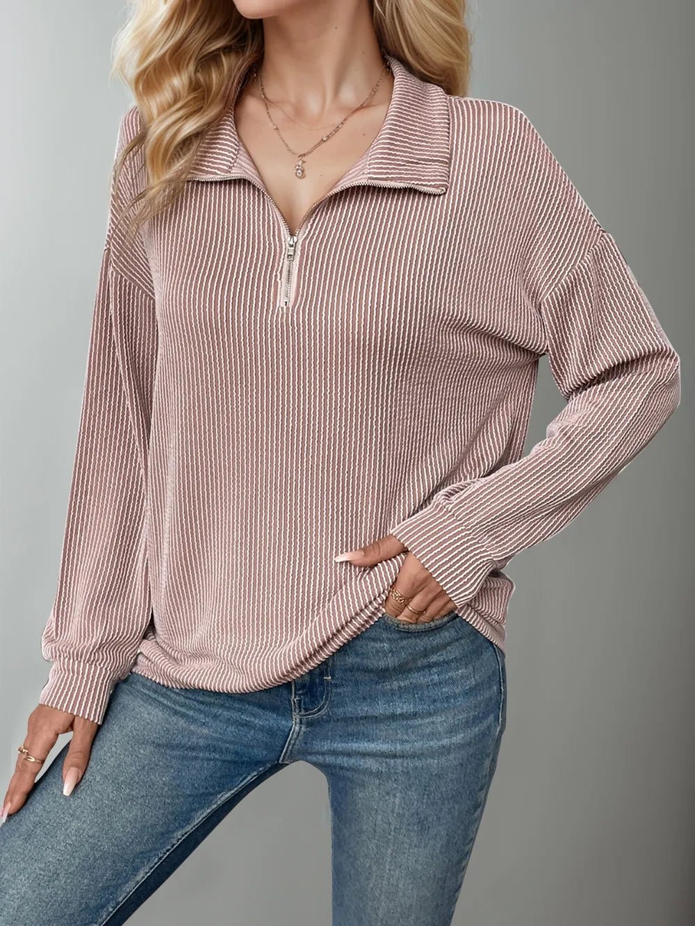 Double Take Striped Half Zip Long Sleeve T-Shirt - Lookzlike