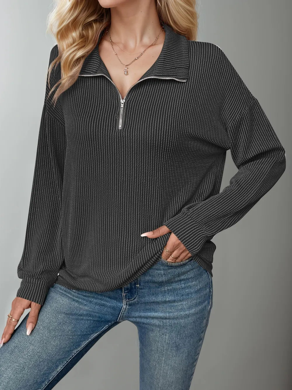 Double Take Striped Half Zip Long Sleeve T-Shirt - Lookzlike