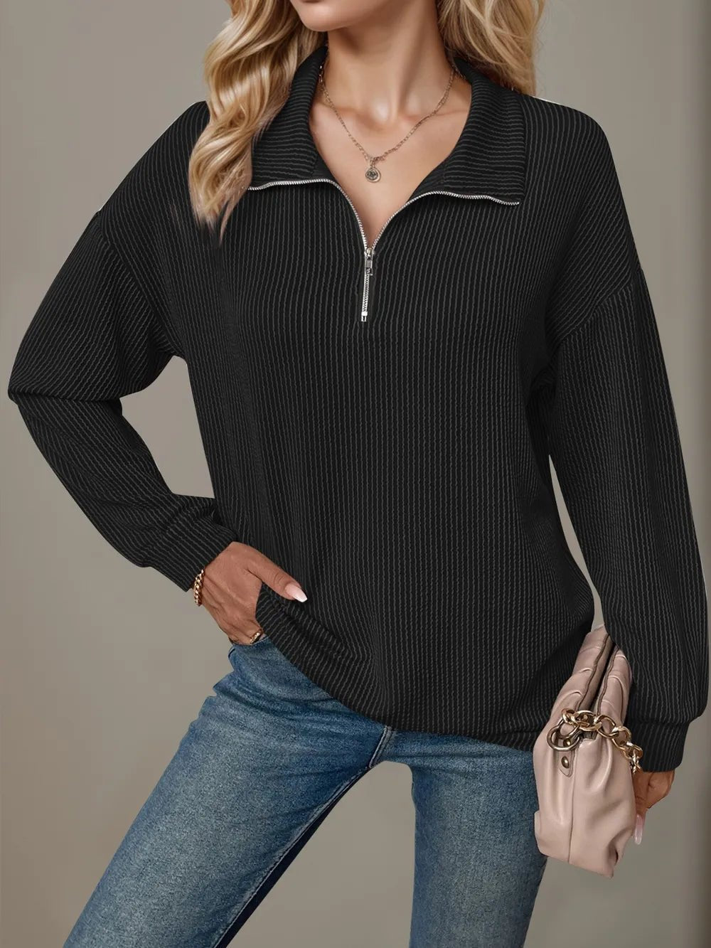 Double Take Striped Half Zip Long Sleeve T-Shirt - Lookzlike