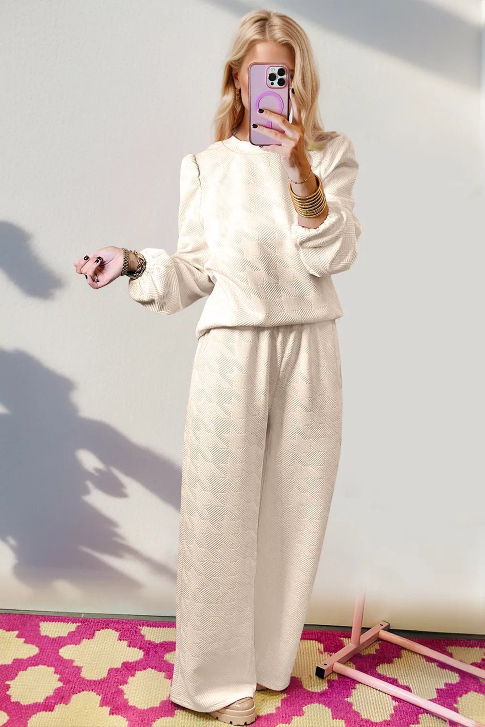Double Take Texture Long Sleeve Top and Wide Leg Pants Set - Lookzlike