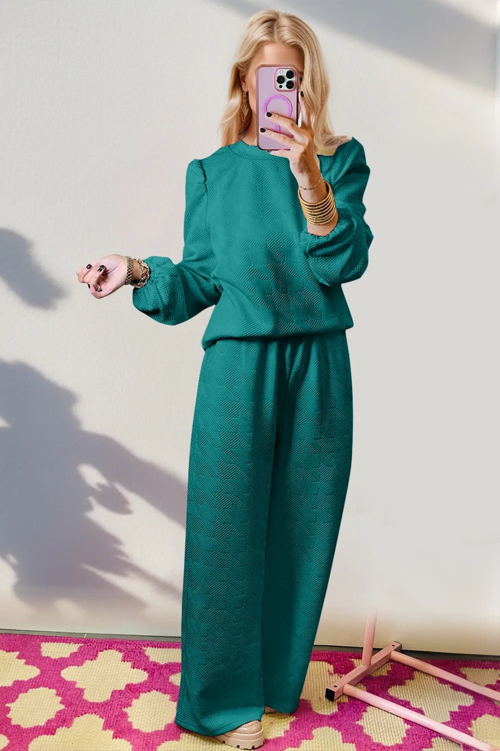 Double Take Texture Long Sleeve Top and Wide Leg Pants Set - Lookzlike