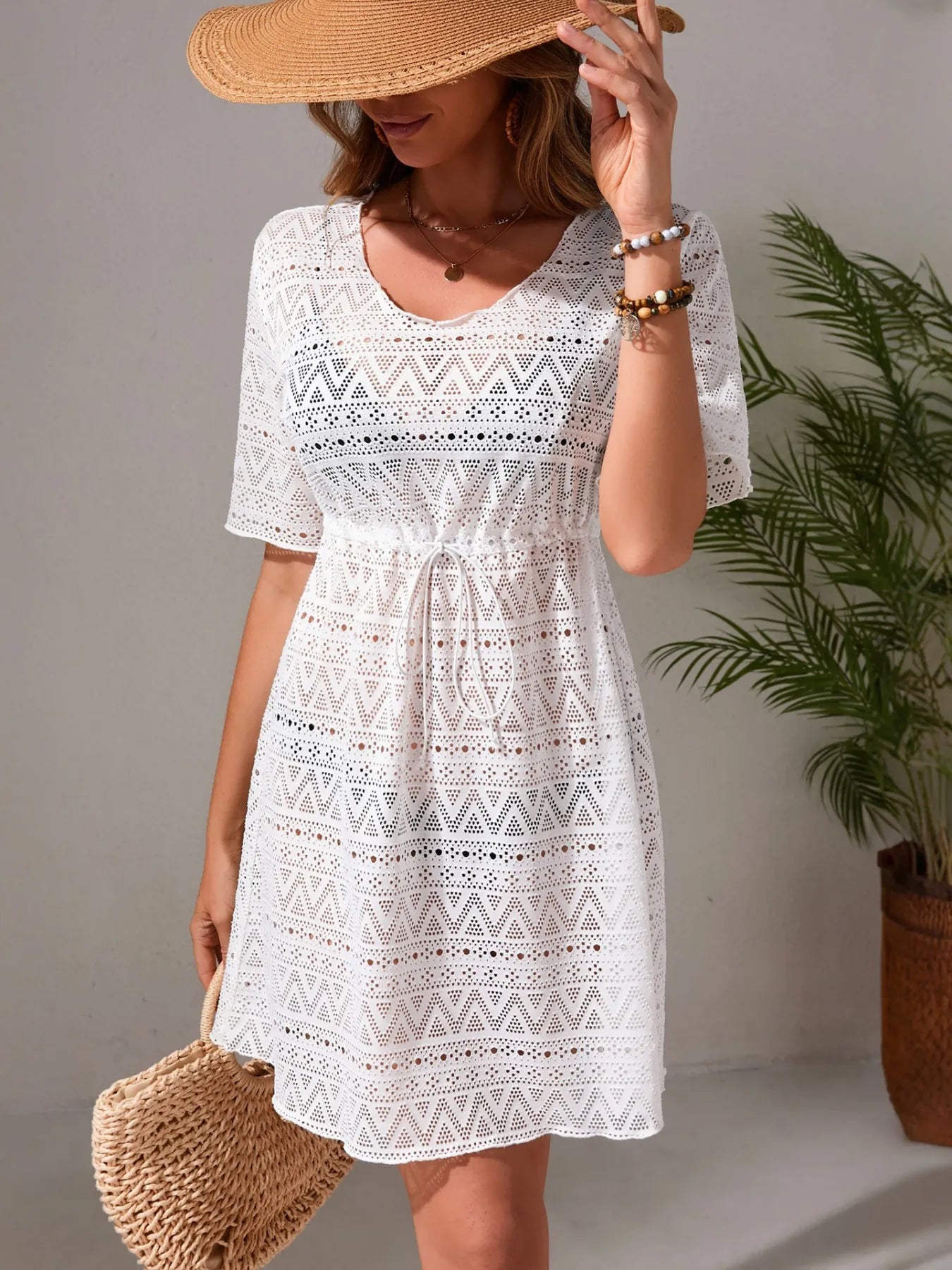 Drawstring Hollow Out Short Sleeve Cover-Up Dress - Lookzlike