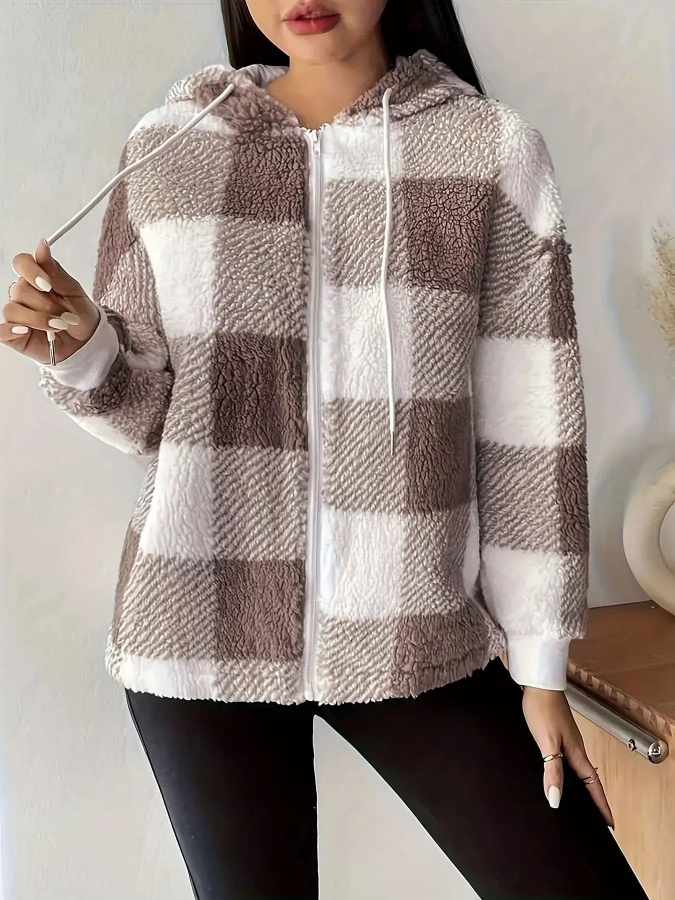 Drawstring Plaid Sherpa Zip - Up Hoodie designed for comfort and style at Lookzlike