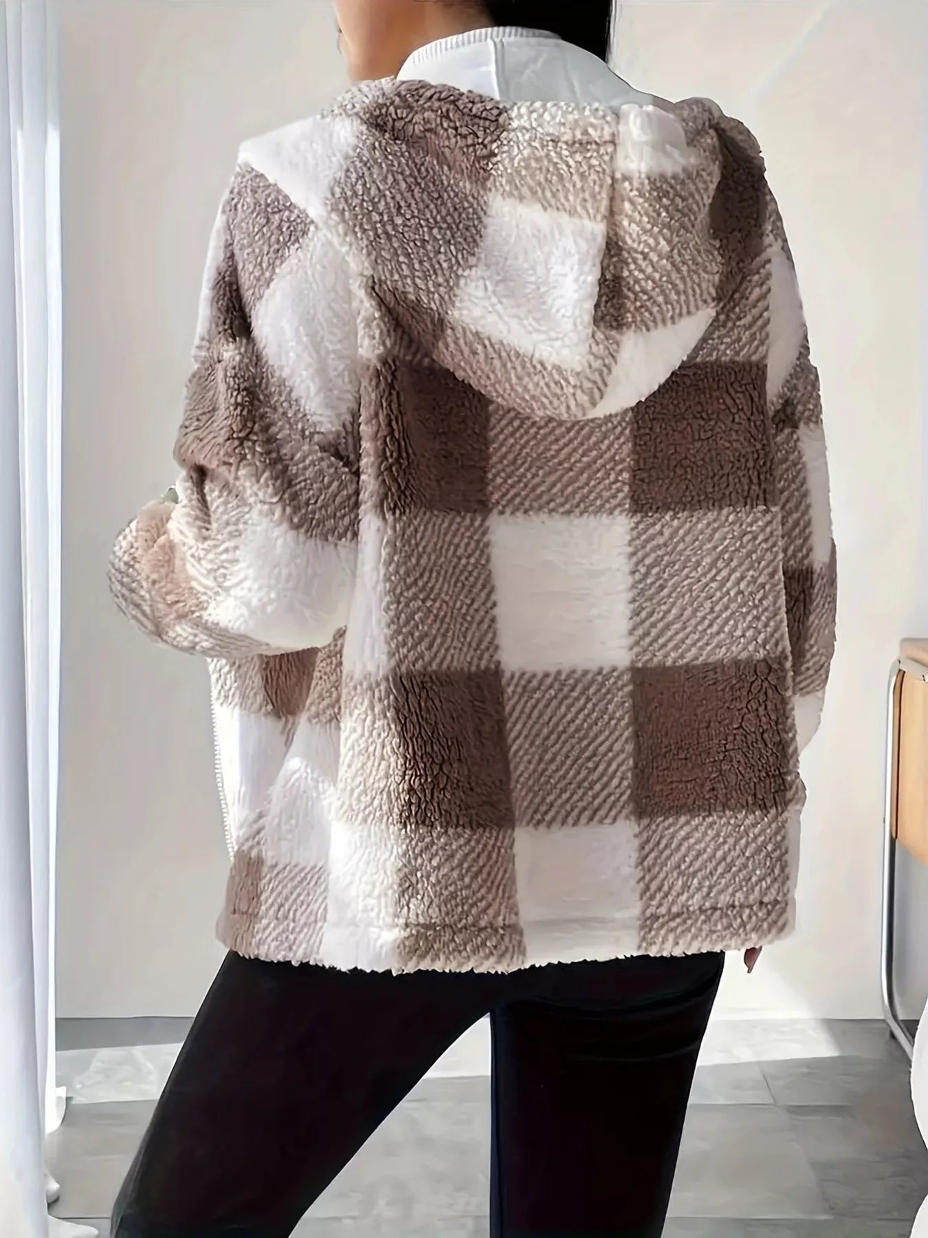 Drawstring Plaid Sherpa Zip - Up Hoodie designed for comfort and style at Lookzlike