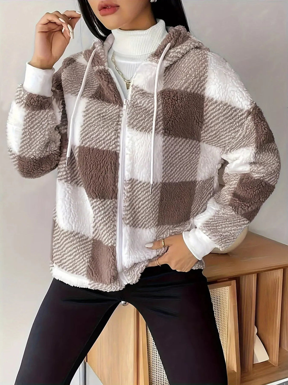 Drawstring Plaid Sherpa Zip - Up Hoodie designed for comfort and style at Lookzlike