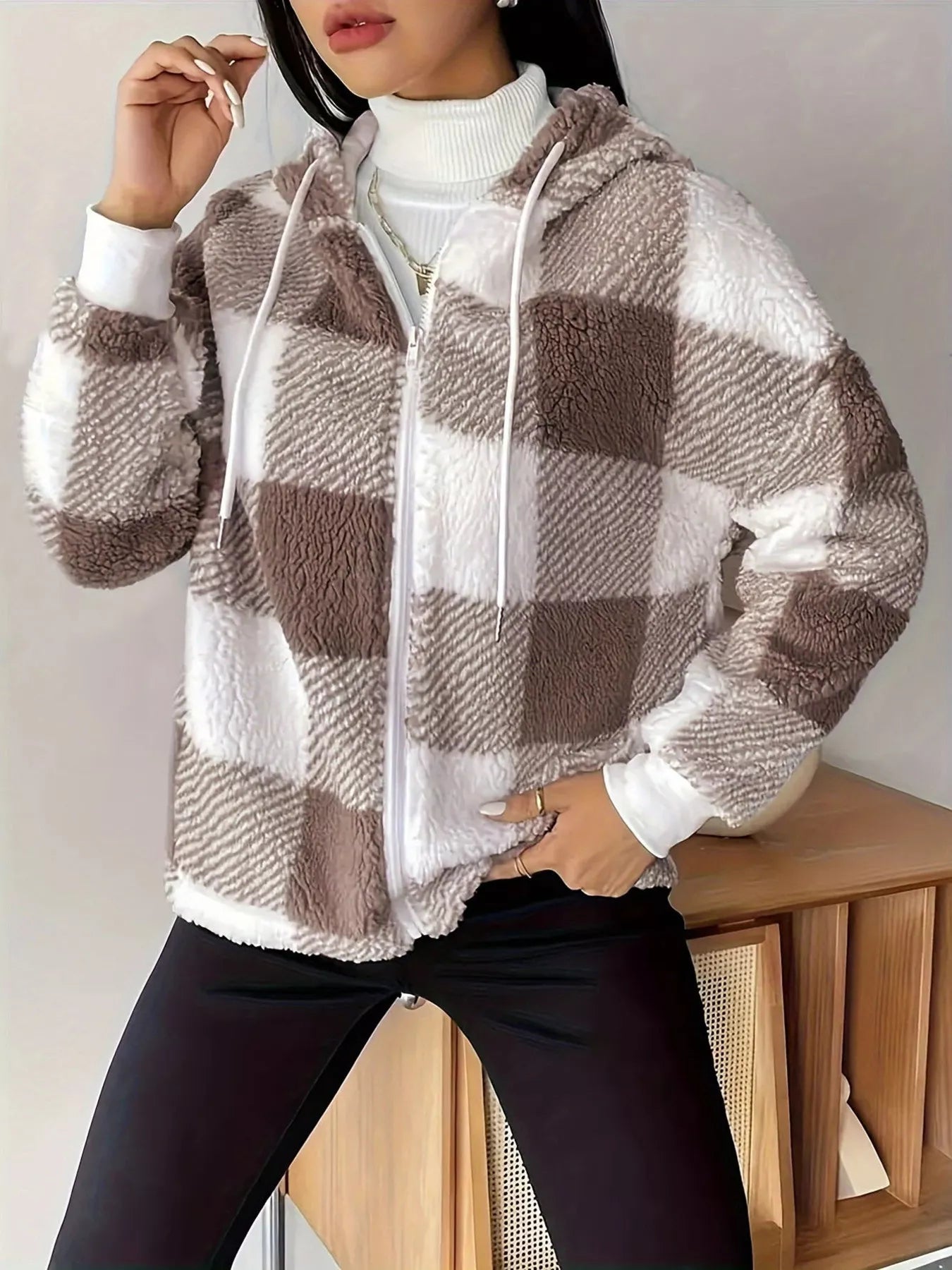 Drawstring Plaid Sherpa Zip - Up Hoodie designed for comfort and style at Lookzlike