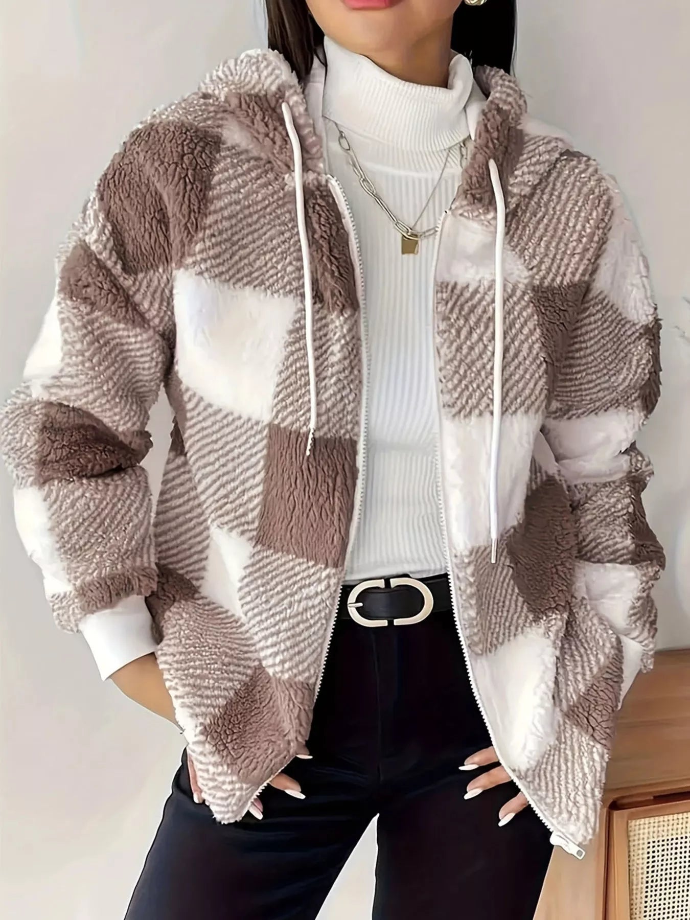 Drawstring Plaid Sherpa Zip - Up Hoodie designed for comfort and style at Lookzlike