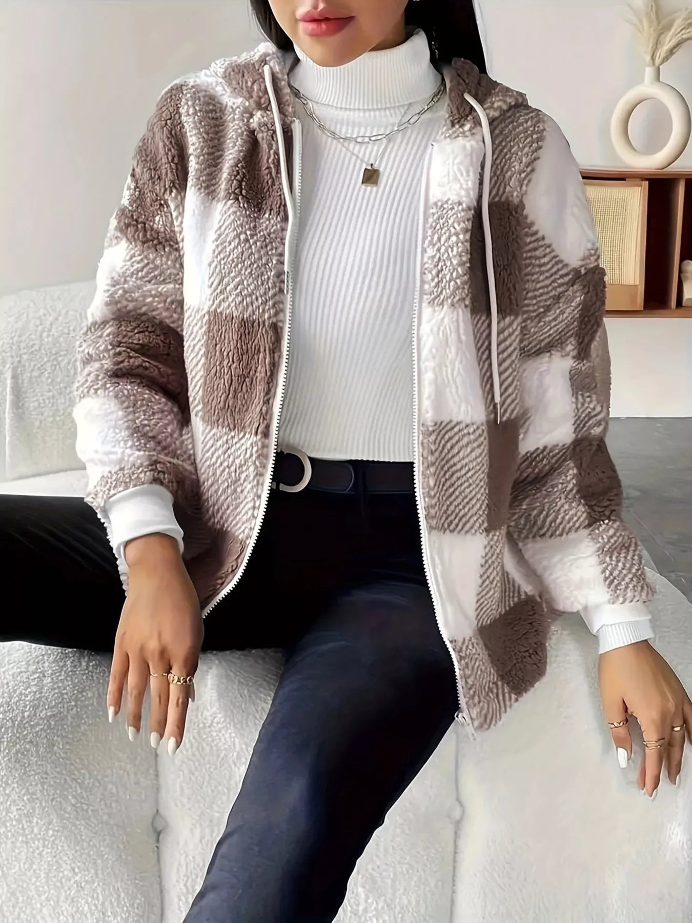 Drawstring Plaid Sherpa Zip - Up Hoodie designed for comfort and style at Lookzlike