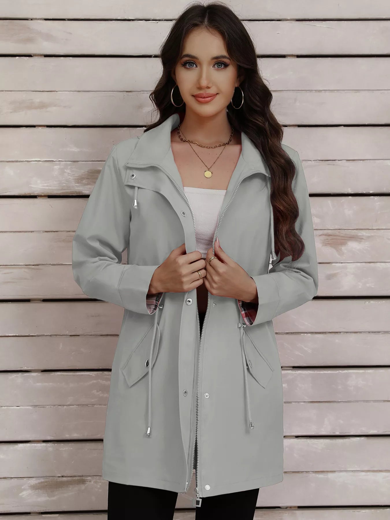 Drawstring Snap - Down Trench Coat designed for comfort and style at Lookzlike
