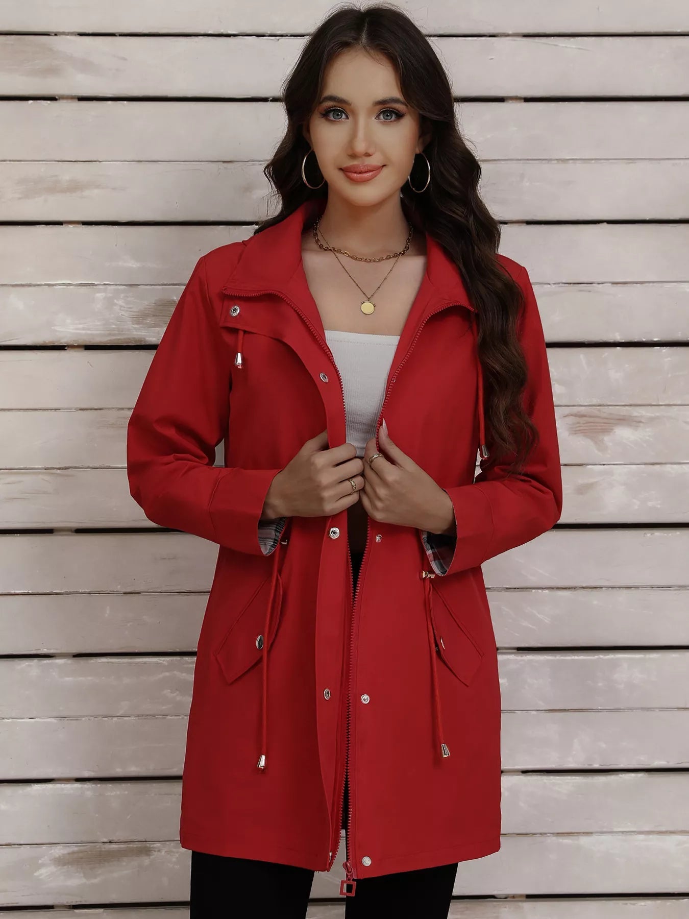 Drawstring Snap - Down Trench Coat designed for comfort and style at Lookzlike